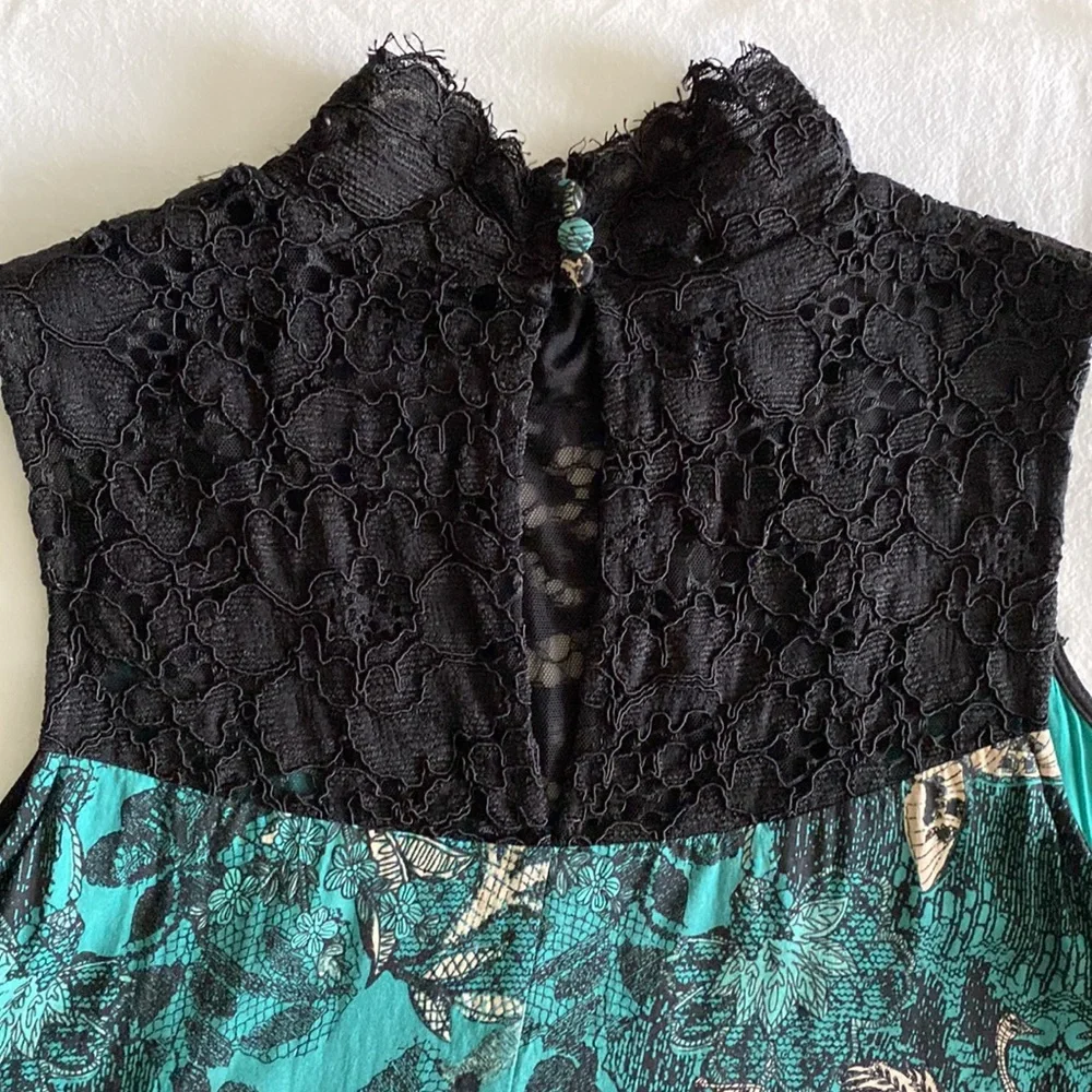 Anthropologie Maeve Silk blend Butterfly Swan Green print Lace top Swing Dress - Picture 8 of 16